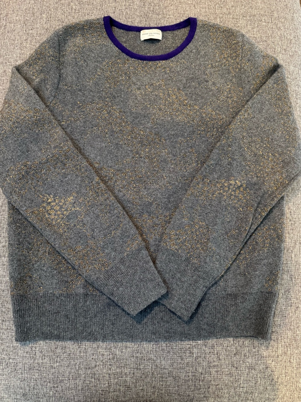 Dries Van Noten Soft Gray Crewneck Sweater with Purple Trim